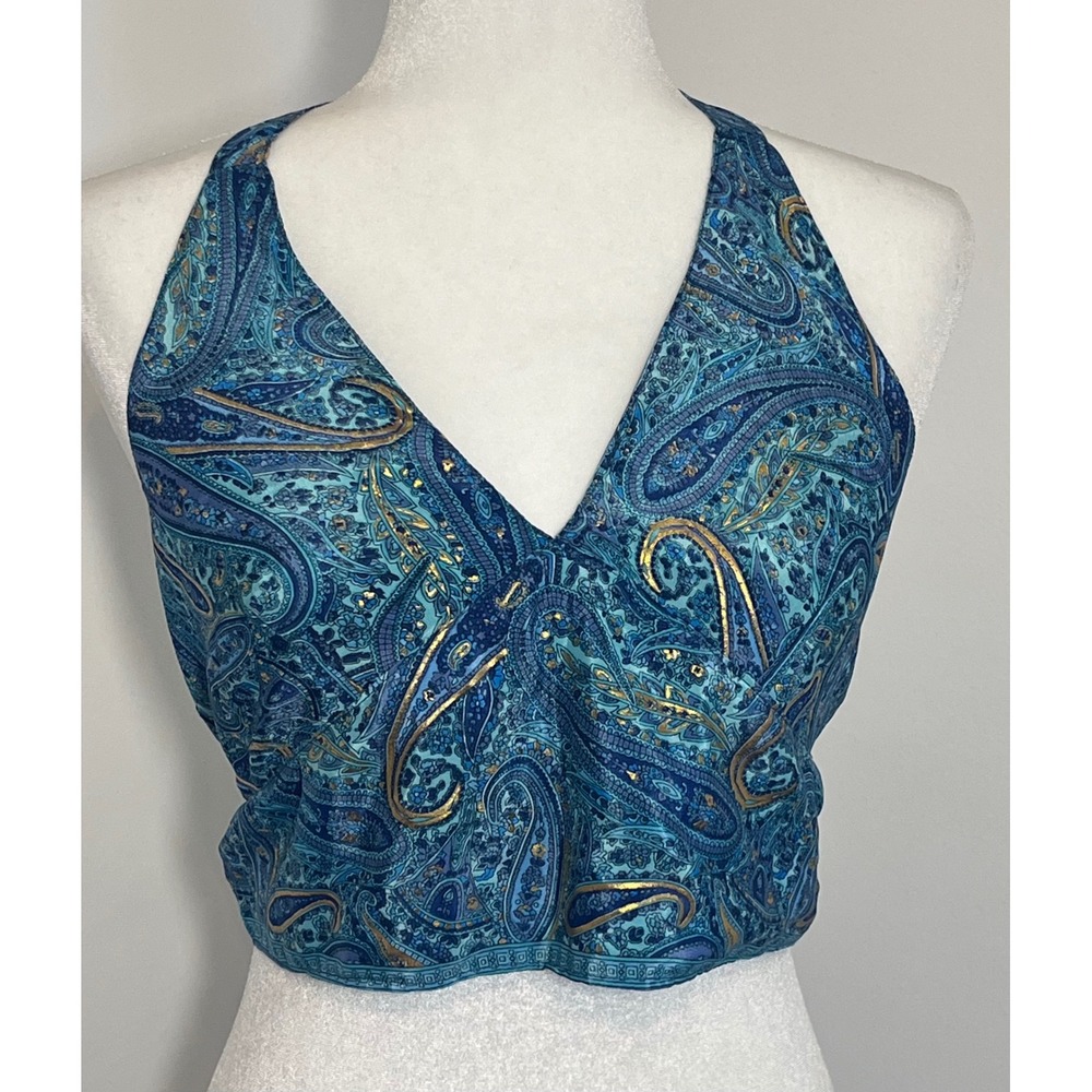 Unbranded Paisley Halter Top Women Medium Blue Gold Boho Festival Crop Top